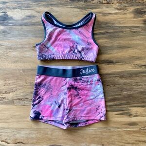 Justice Active Girl’s Sports Bra & Shorts Set Size 10 Crop Top Pink Grey White